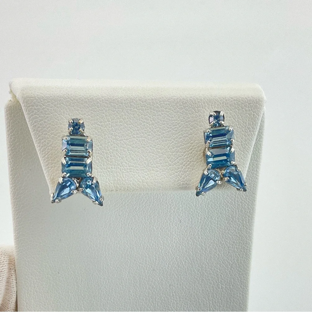 Vtg Sky Blue Rhinestone Earrings, MCM, Rockets, Atomic Age, New Ear Posts